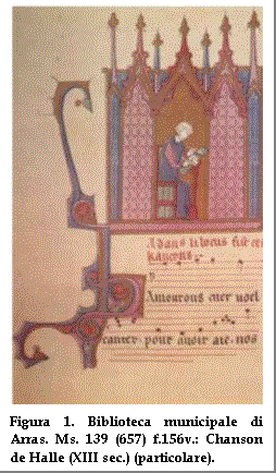 Casella di testo:  
Figura 6. Biblioteca municipale di Arras. Ms. 139 (657) f.156v.: Chanson de Halle (XIII sec.) (particolare).

